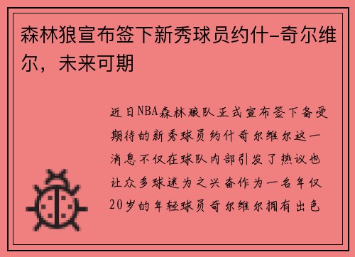 森林狼宣布签下新秀球员约什-奇尔维尔，未来可期